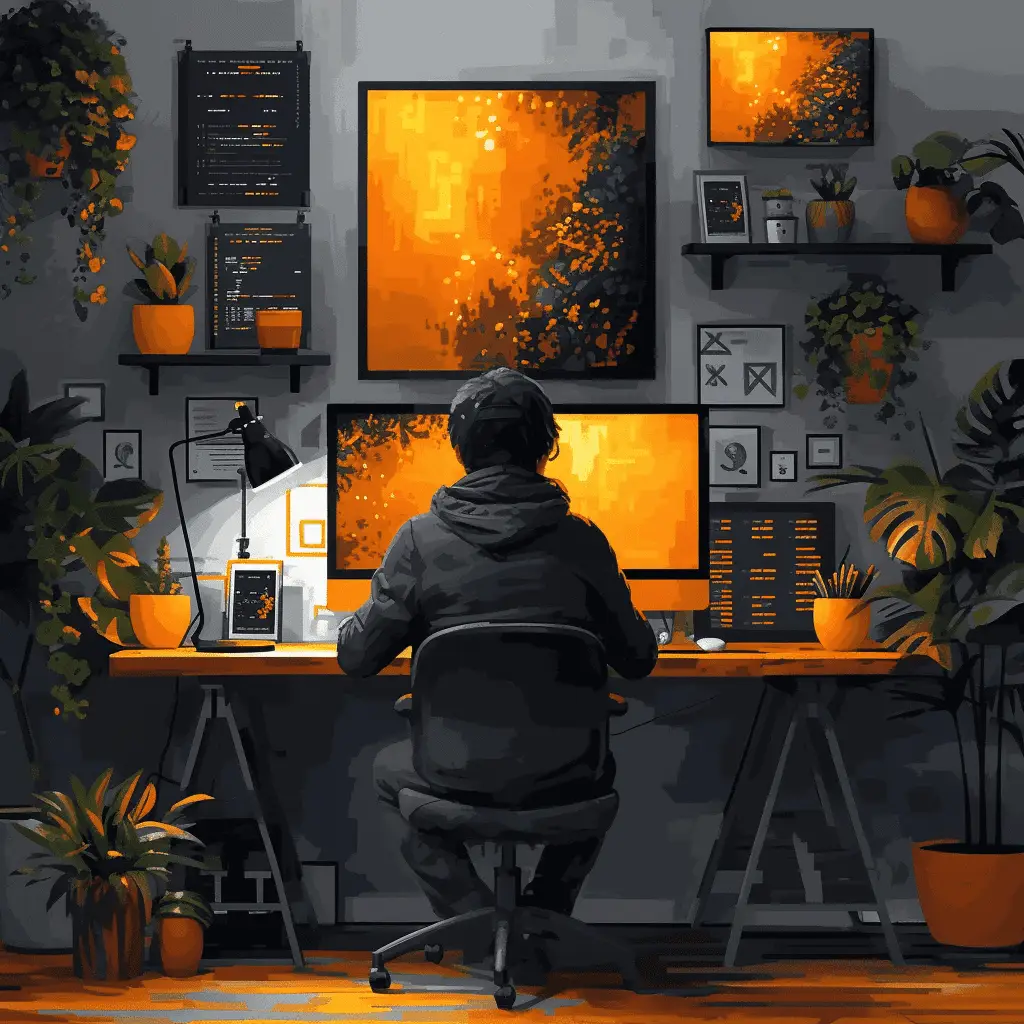 Guy at computer designing, orange art