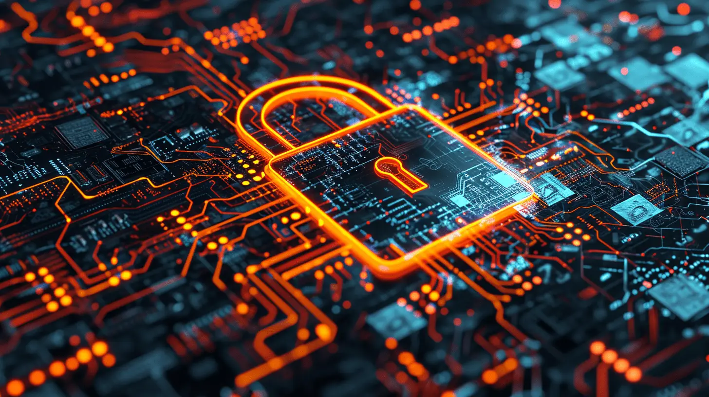 Orange Lock with Circuit Background, AI Cybersecurity