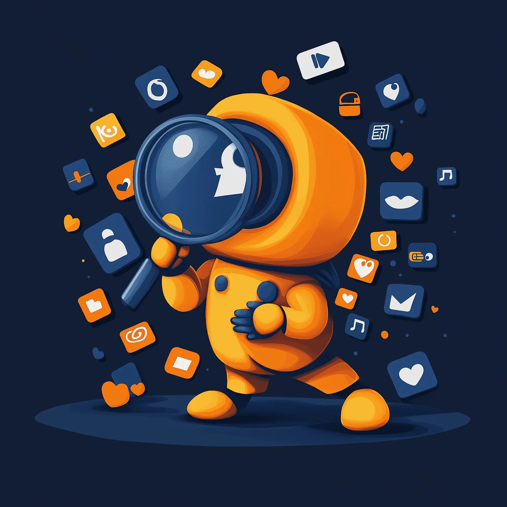 a cute chatbot looking through a magnifying glass at small social media icons