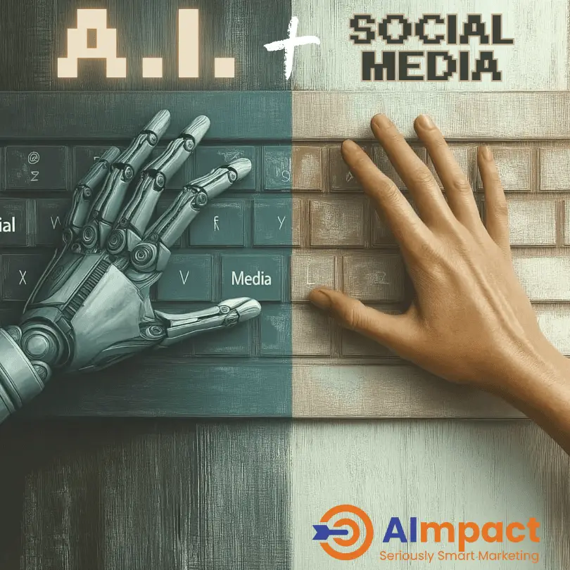 split-screen design showing one side as a human hand typing on a keyboard and the other as a robotic hand