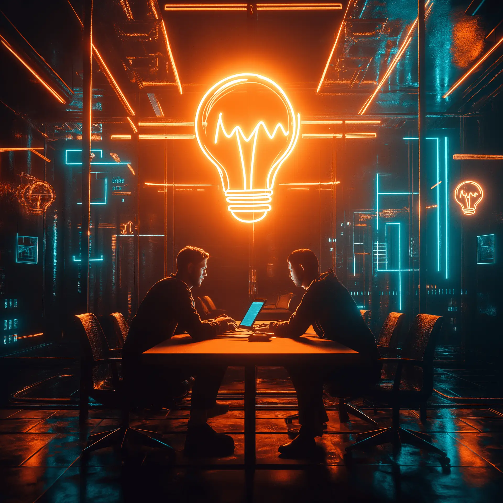 Futuristic creative brainstorming session: a business owner sits at a sleek, modern table with a glowing, holographic AI assistant