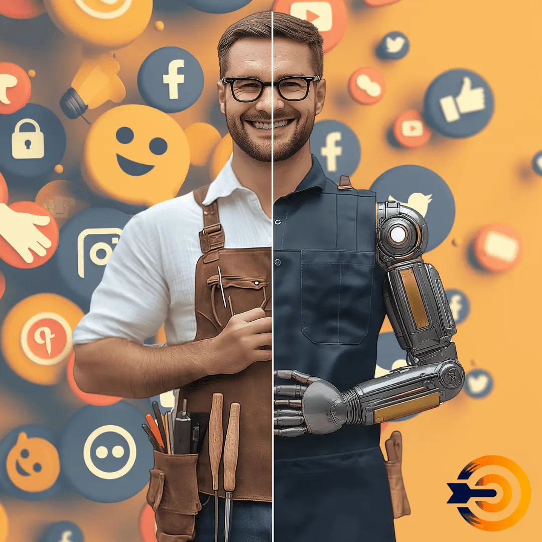 Man in two halves, symbolizing both manual labor and AI technology.