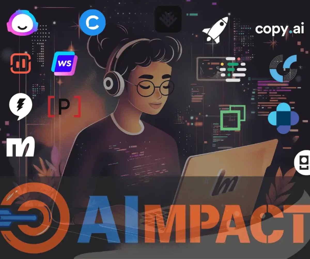 girl at laptop with tool logos